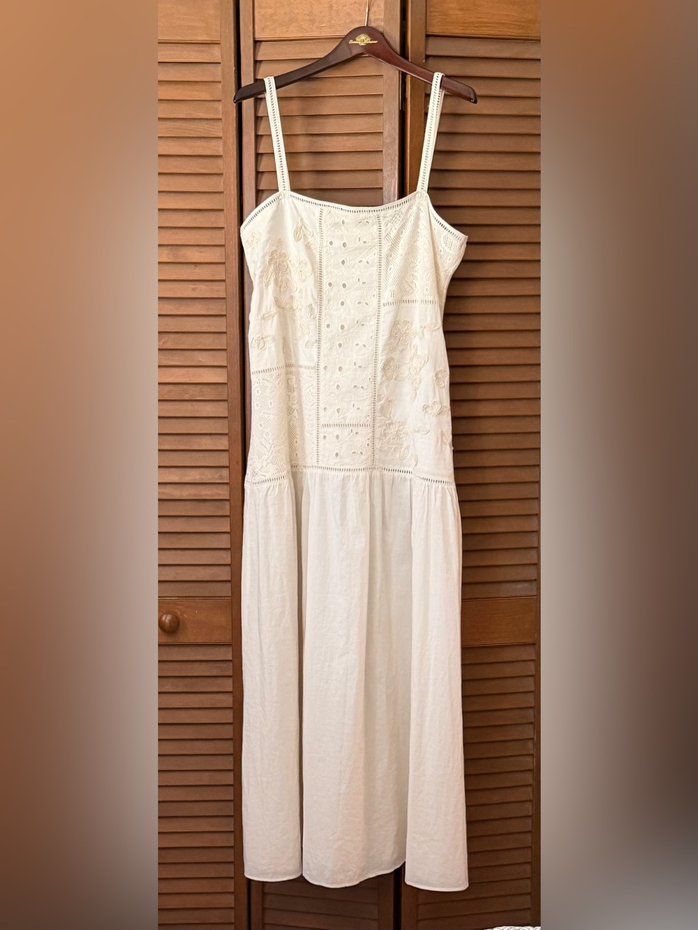 Zara Cream Eyelet Midi Dress with Spaghetti Straps